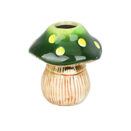 Vibrant Spotted Mushroom Ceramic Shot Glass, 2oz capacity, front view on white background