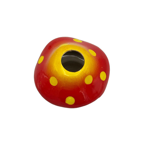 Vibrant Spotted Mushroom Ceramic Shot Glass, 2oz Capacity, Top View on White Background