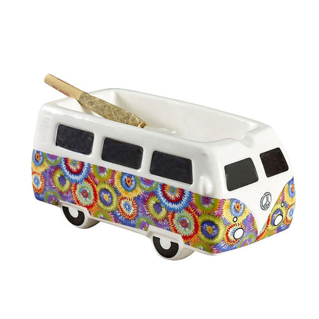 Colorful Vintage Hippie Bus Ceramic Ashtray with a groovy design, side view, ideal for home decor