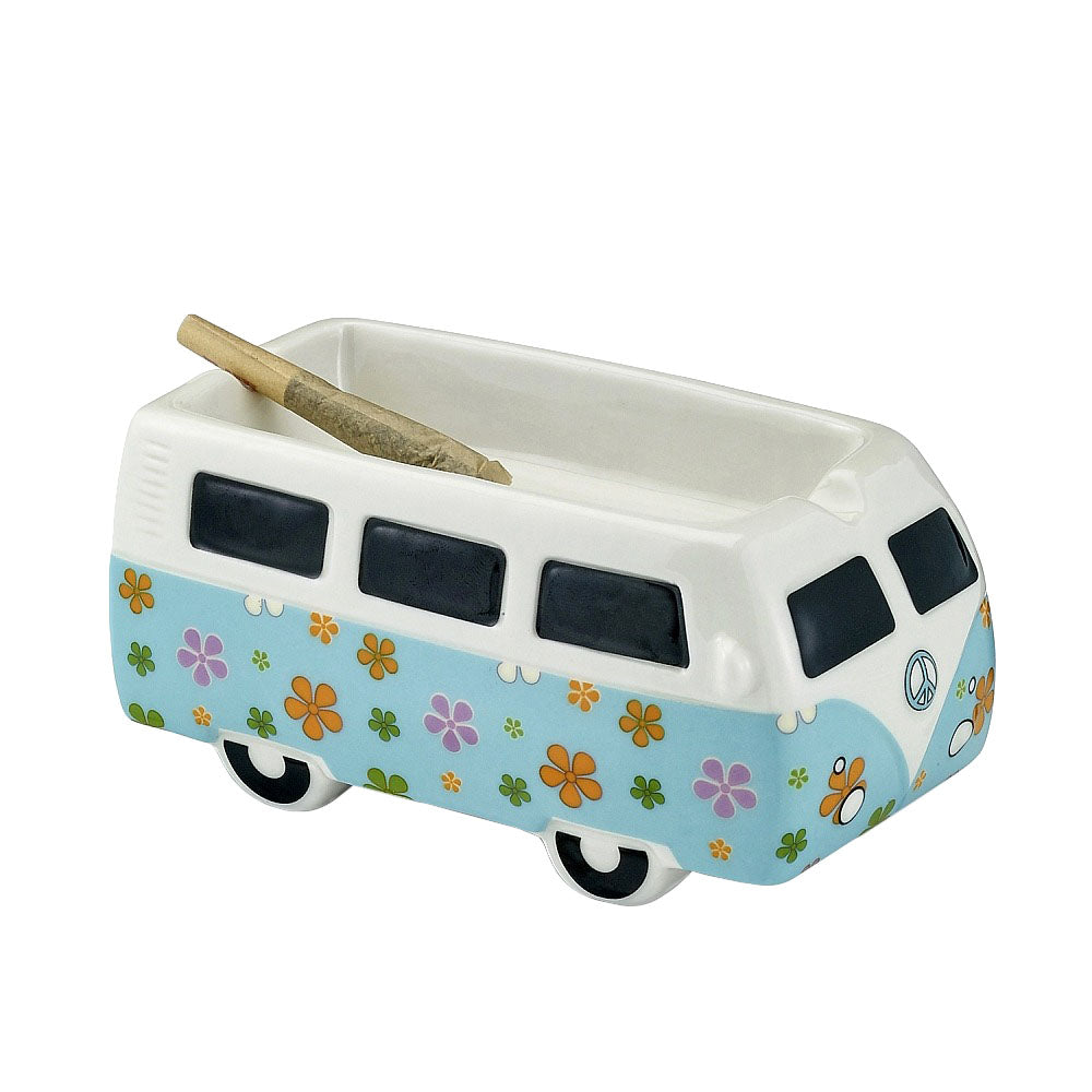 Vintage Hippie Bus Ceramic Ashtray with colorful flower design, side view on white background