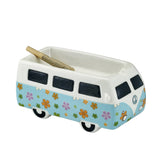 Vintage Hippie Bus Ceramic Ashtray with colorful flower design, side view on white background