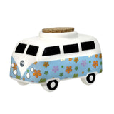 Vintage Hippie Bus Ceramic Stash Jar with colorful flower power design, 5" x 3" front view