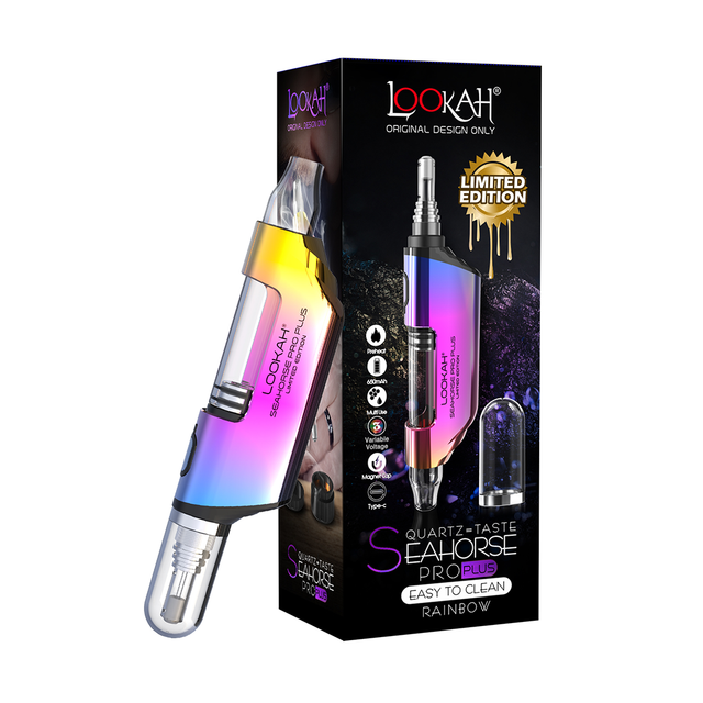 Lookah Seahorse Pro Plus Vaporizer in Rainbow variant with packaging, highlighting easy-to-clean feature