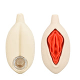 Vulva Silicone Hand Pipe display with 2 pipes in assorted colors, front and back view, easy to clean