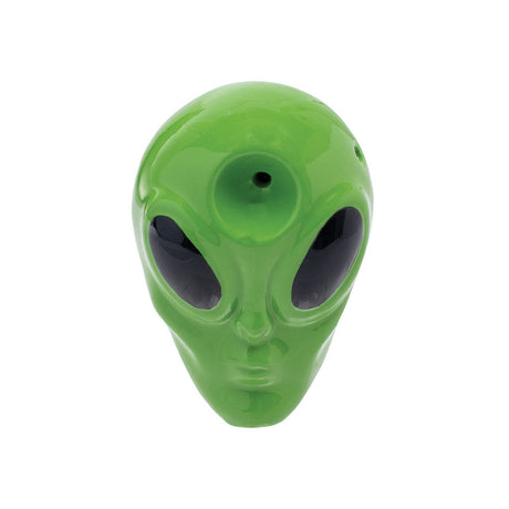 Wacky Bowlz Alien Head Ceramic Hand Pipe Front View on White Background