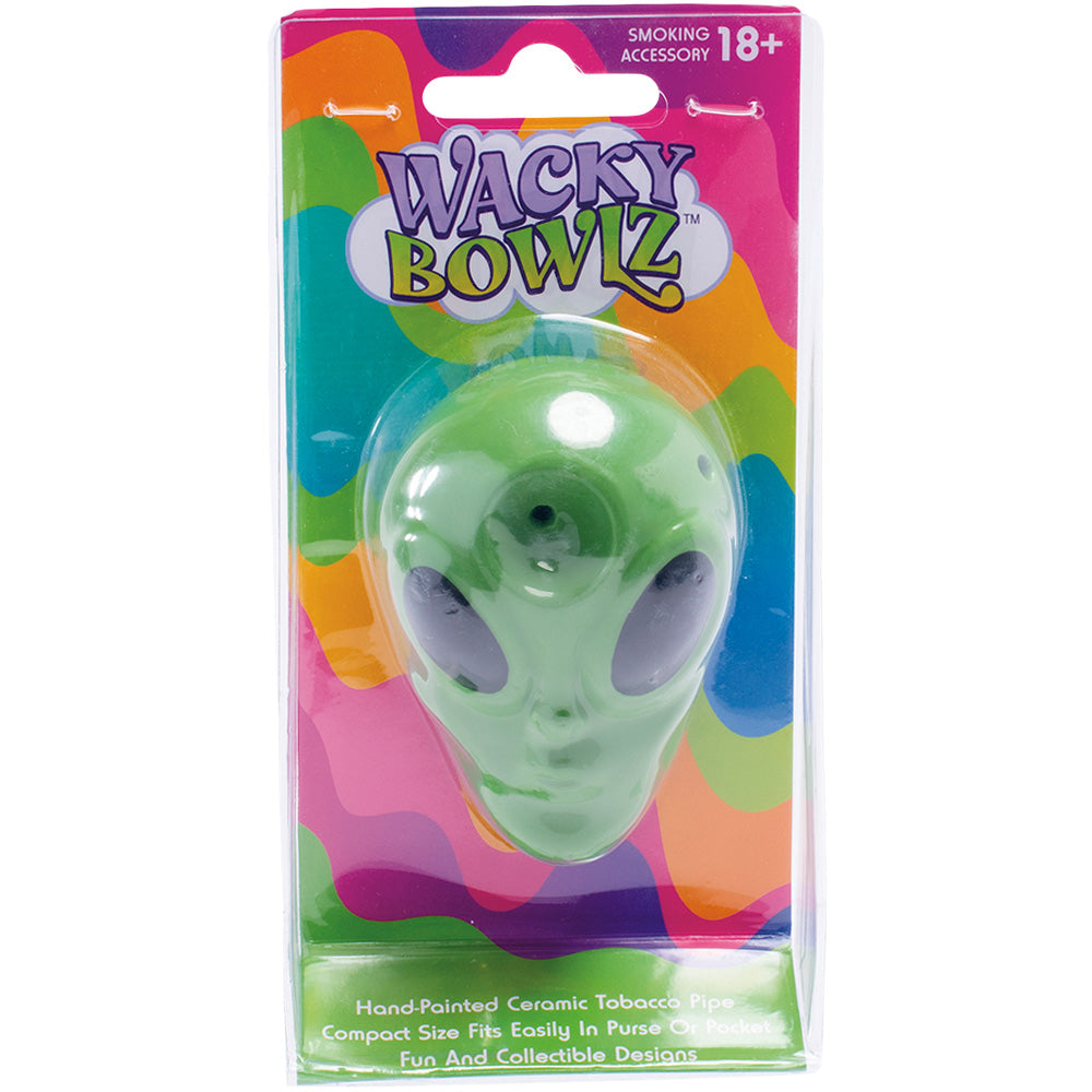 Wacky Bowlz Alien Head Ceramic Hand Pipe in packaging, front view, compact and collectible design