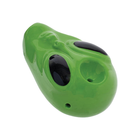 Wacky Bowlz Alien Head Ceramic Hand Pipe in green with deep bowl, angled side view