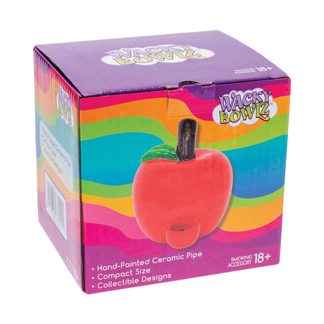 Wacky Bowlz Apple Ceramic Hand Pipe in colorful packaging, front view