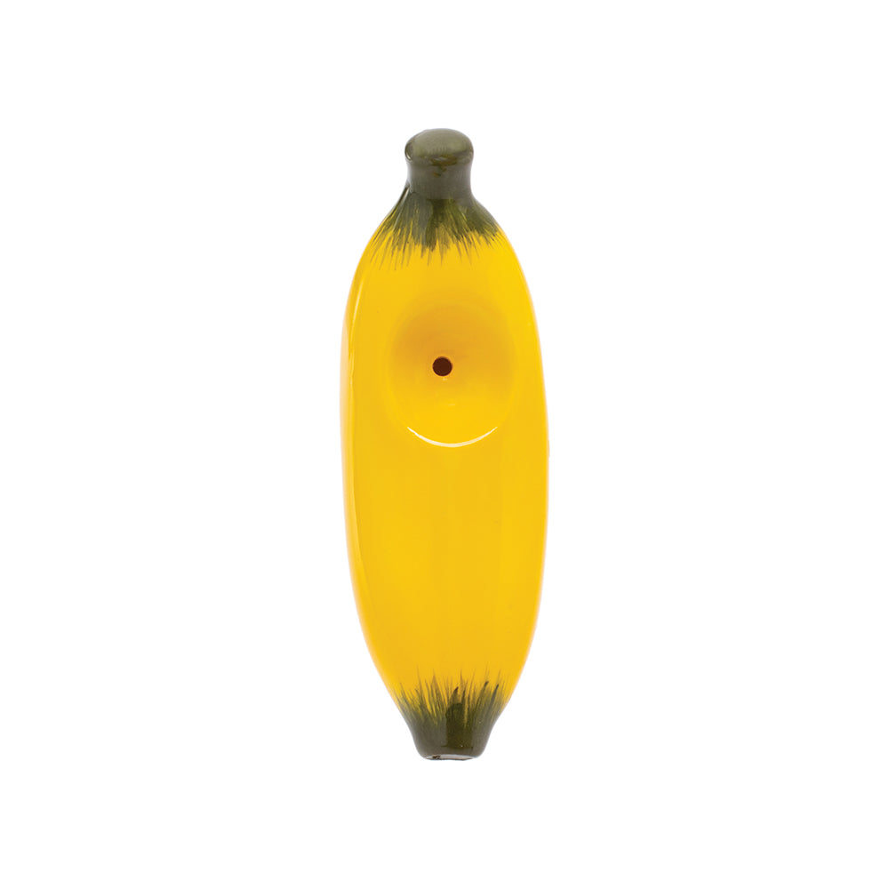 Wacky Bowlz Banana-Shaped Ceramic Hand Pipe Front View on Seamless White Background