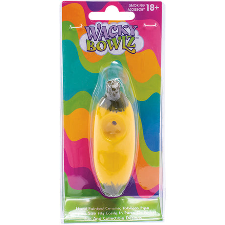 Wacky Bowlz Banana Ceramic Hand Pipe with colorful packaging, front view