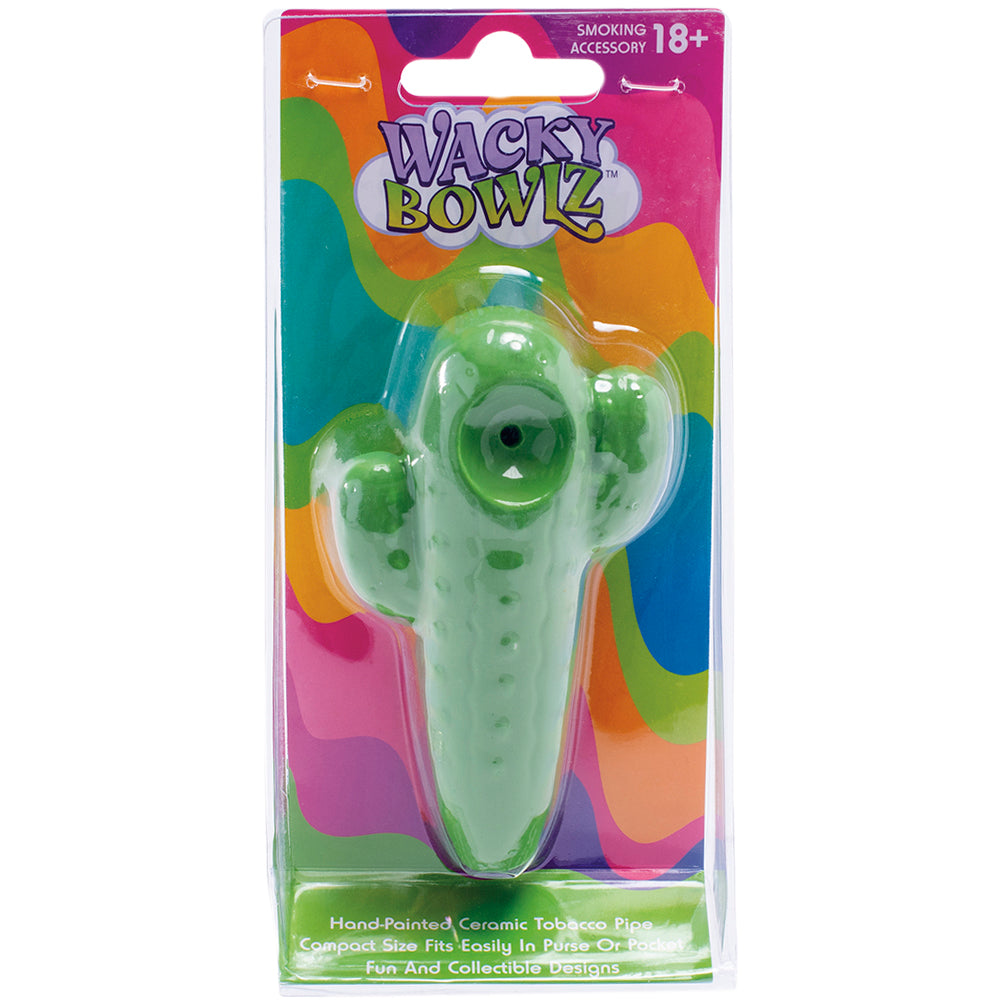 Wacky Bowlz Cactus Ceramic Hand Pipe, vibrant green, front view on colorful packaging