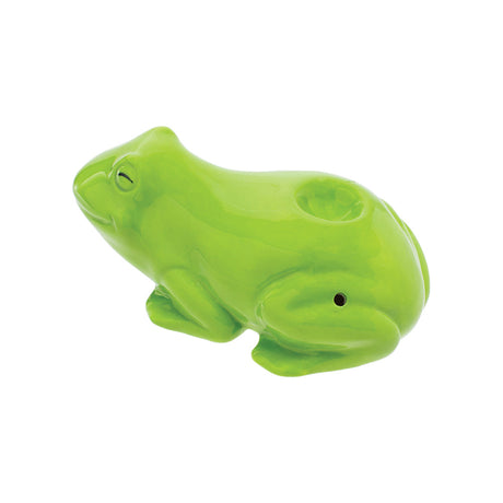 Wacky Bowlz Frog Ceramic Hand Pipe in vibrant green, angled view on white background