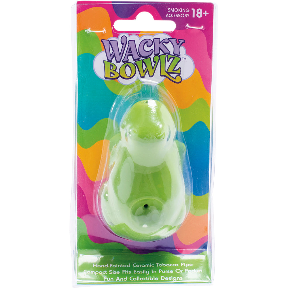 Wacky Bowlz Frog Ceramic Hand Pipe, compact and hand-painted, packaged front view