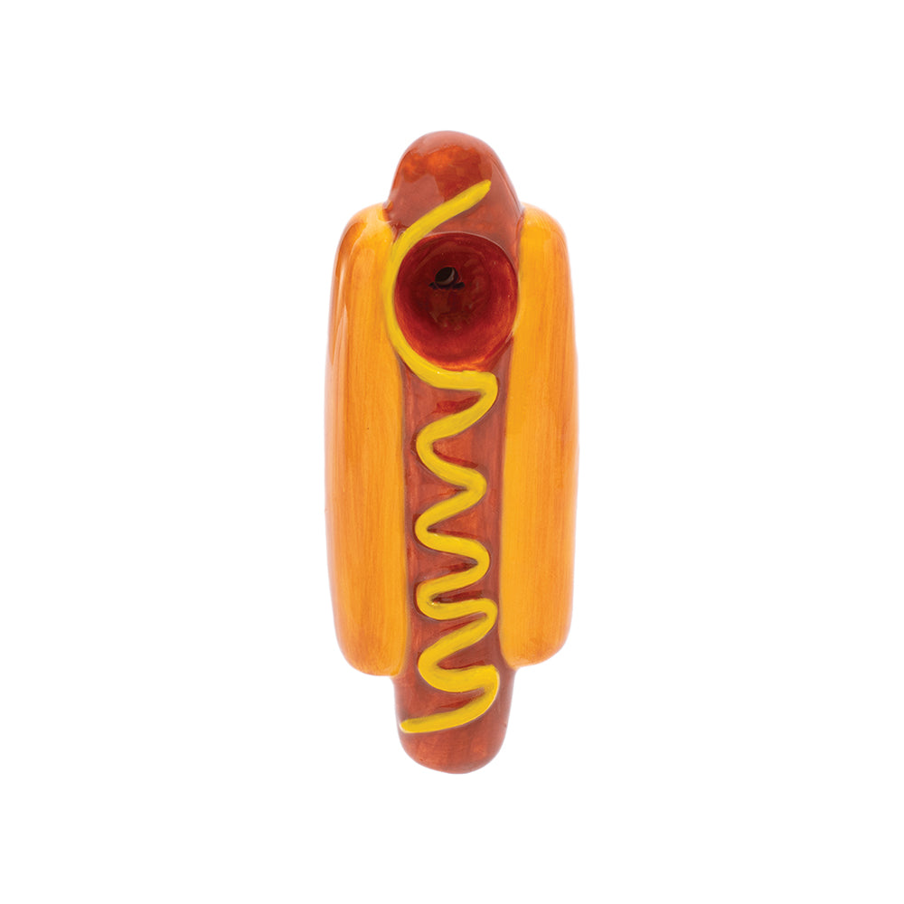 Ceramic Hot Dog Hand Pipe with Realistic Paint Detail - Front View