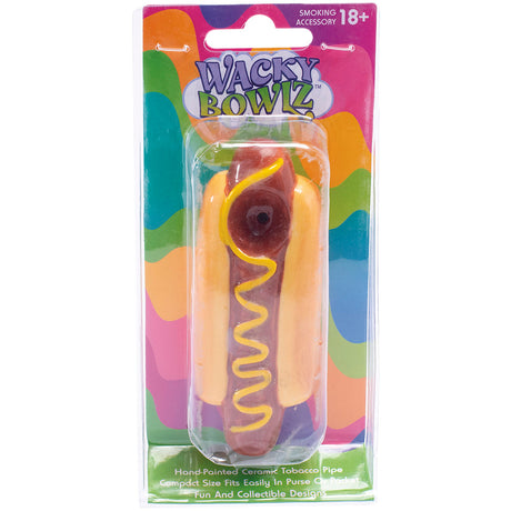 Wacky Bowlz Hot Dog Ceramic Hand Pipe, Front View in Colorful Packaging