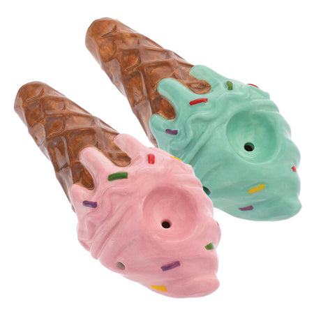 Wacky Bowlz Ice Cream Cone Ceramic Hand Pipes in Pink and Green, Novelty Gift, 4.5" Length