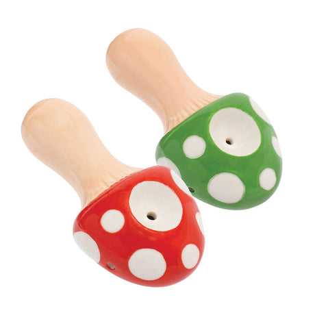 Wacky Bowlz Mushroom Ceramic Pipes in red and green, top view on white background