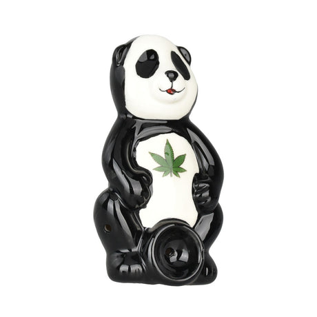 Wacky Bowlz Panda Ceramic Hand Pipe Front View with Green Leaf Detail