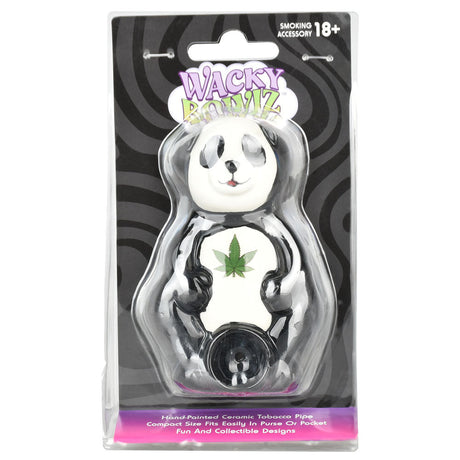 Wacky Bowlz Panda Ceramic Hand Pipe front view in packaging with whimsical design