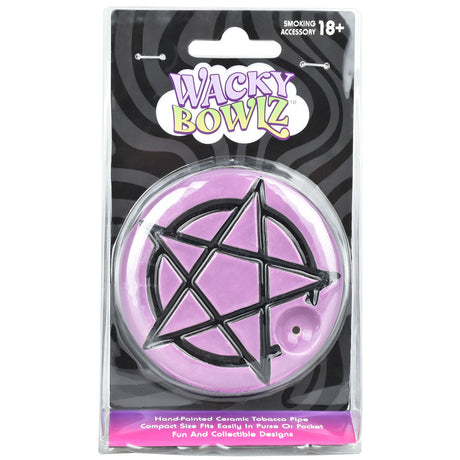 Wacky Bowlz Pentagram Ceramic Hand Pipe in packaging, front view, with swirling background