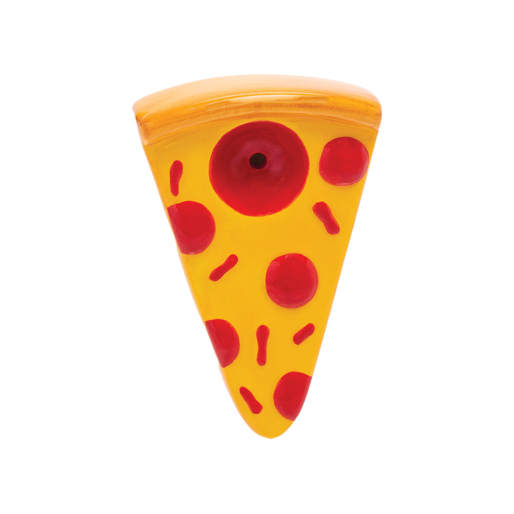 Wacky Bowlz Pizza Slice Ceramic Hand Pipe Front View on Seamless White Background