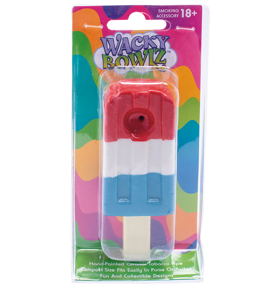 Wacky Bowlz Popsicle Ceramic Hand Pipe, 4.5" compact and portable, red/white/blue design, front view on packaging