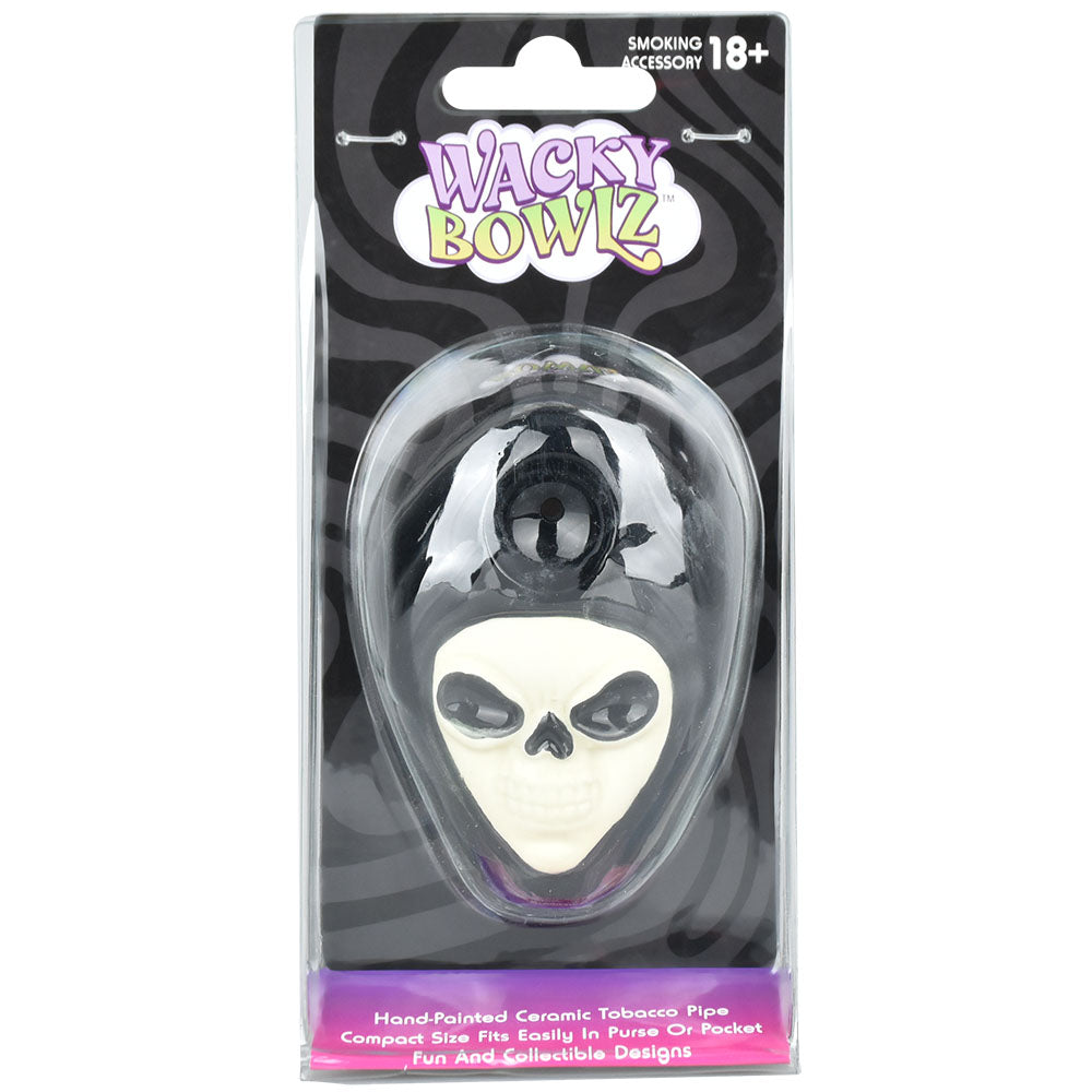 Wacky Bowlz Reaper Ceramic Hand Pipe - Front View in Packaging, Compact Design for Dry Herbs
