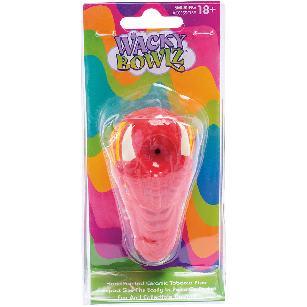 Wacky Bowlz Red Dragon Ceramic Hand Pipe, fun novelty design, portable size, front view in packaging