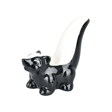 Skunk-themed Wacky Bowlz Ceramic Hand Pipe in Black and White, Portable 4.5" Length, Side View