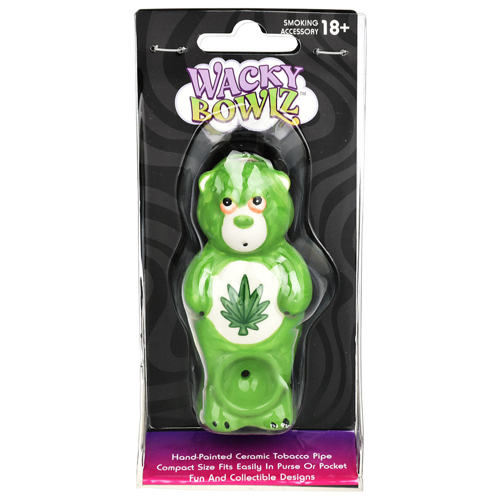 Wacky Bowlz Stoner Bear Ceramic Hand Pipe - Green, Front View in Packaging