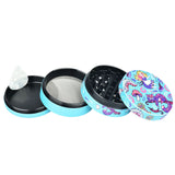 Wacky Grinderz assorted 4-piece metal herb grinders with fun designs, displayed open