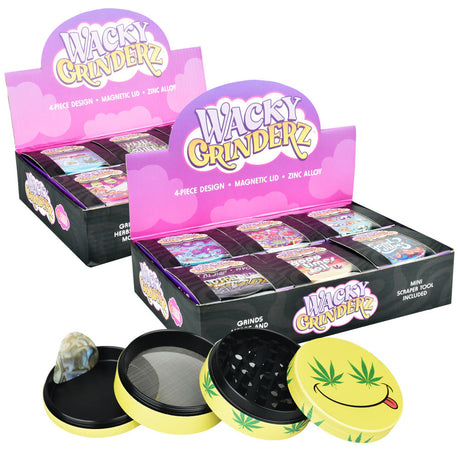 Wacky Grinderz 4pc Metal Herb Grinders in Assorted Colors, Display Box View with Open Grinder