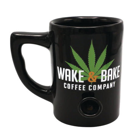 Black Wake & Bake Coffee Mug Pipe 10oz with cannabis leaf design, front view
