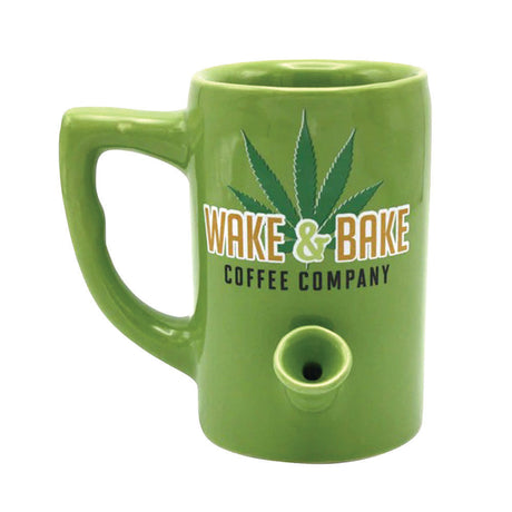 Green Wake & Bake Coffee Mug Pipe with Cannabis Leaf Design, 10oz Ceramic Front View