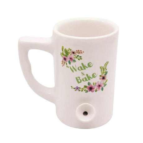 White Wake & Bake Coffee Mug Pipe with Floral Design, Ceramic, 10oz Front View