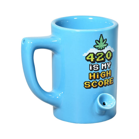 Blue Wake & Bake Coffee Pipe Mug 10oz with cannabis leaf design and built-in pipe, front view