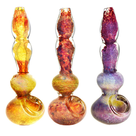 Warped Desires Fritted Deco Glass Spoon Pipes in three color variants, compact 5" design, for dry herbs