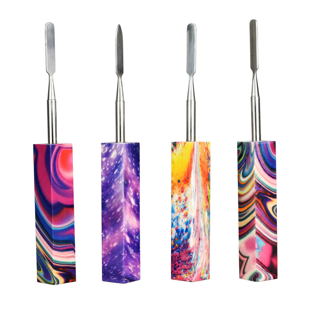 Warped Sky Dab Tools with Stainless Steel Tips in Purple, Rainbow, Front and Side Views