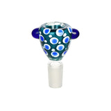 Watchful Eyes Glass Herb Slide with blue eye design for 14mm bongs, front view on white background