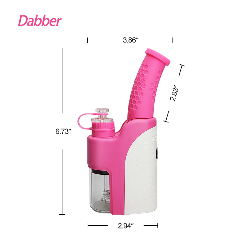 Waxmaid Dabber Electric Dab Rig in pink and white, battery-powered, disc percolator, front view with dimensions