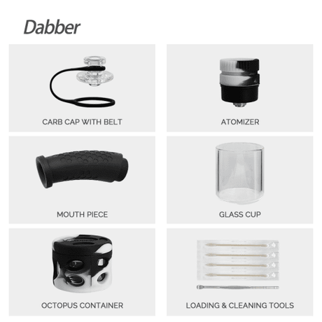 Waxmaid Electric Dab Rig accessories including carb cap, atomizer, mouthpiece, glass cup, container, and tools
