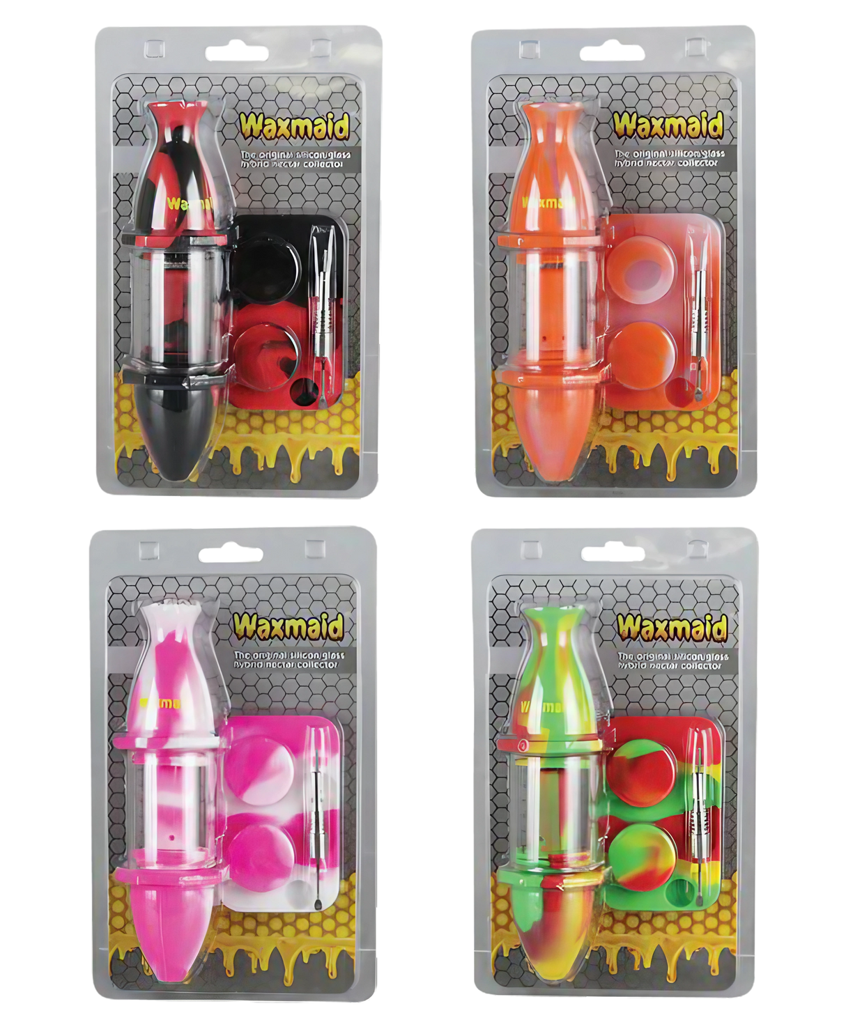 Waxmaid Silicone Nectar Straw Kits in assorted colors, front view, with glass and silicone parts visible