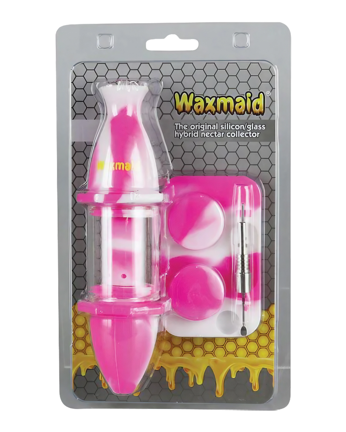 Waxmaid Silicone Nectar Straw Kit in pink, front view, with glass tip and storage container