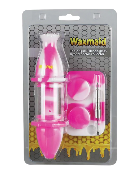 Waxmaid Silicone Nectar Straw Kit in pink, front view, with glass tip and storage container