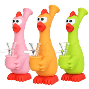 Eyce What The Cluck Silicone Water Pipes in pink, orange, and green with 14mm Female Joint