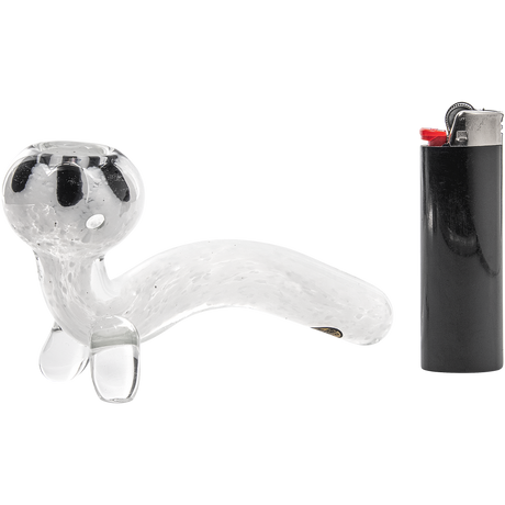 LA Pipes White Fritted Sherlock Hand Pipe with Black Daisy Bowl next to Lighter