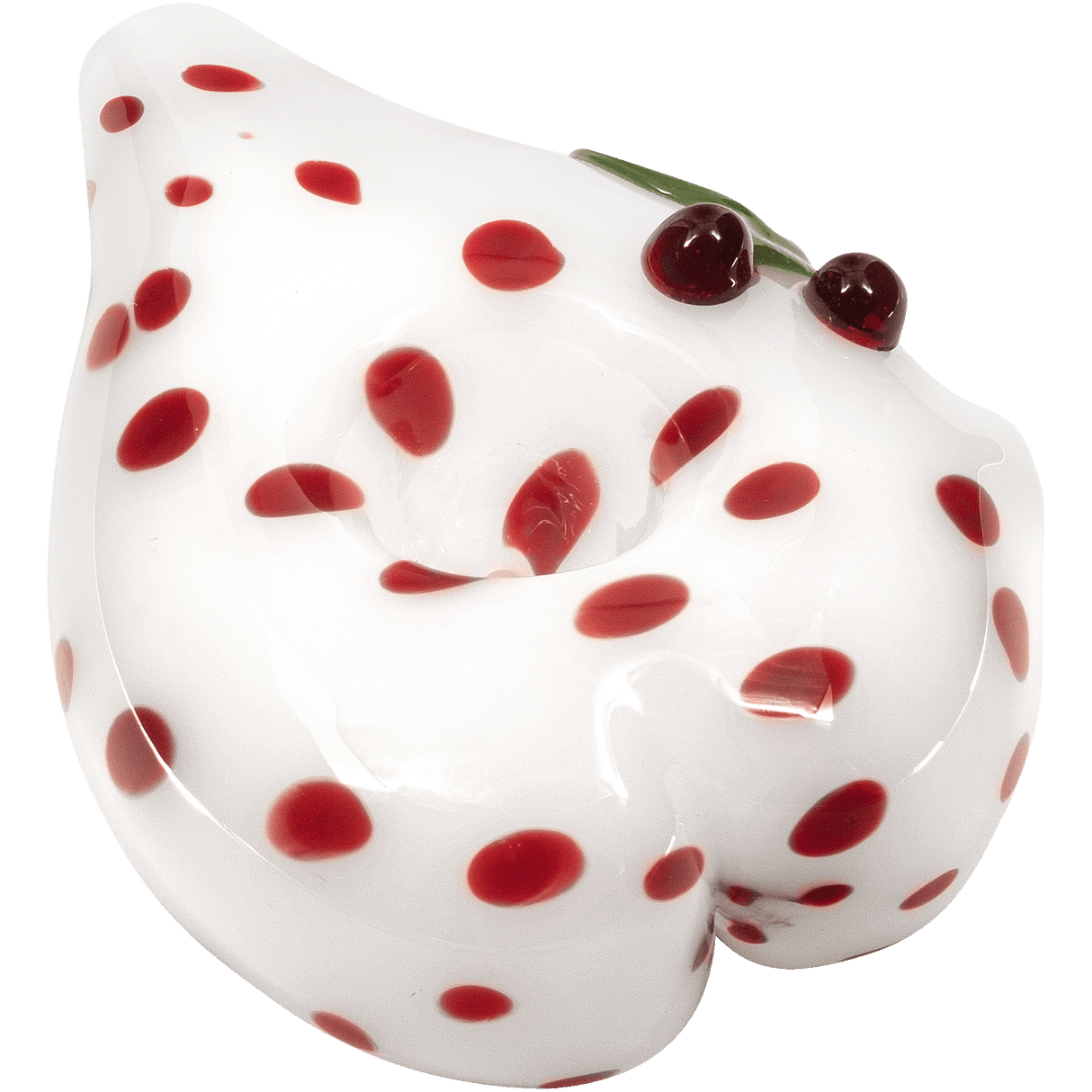 LA Pipes Compact White Heart-Shaped Glass Hand Pipe with Red Polka Dots - Angled Top View