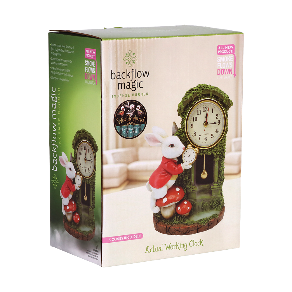 Green polyresin White Rabbit backflow incense burner with a built-in clock, standing 7.5 inches (19.1cm) tall