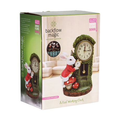 Green polyresin White Rabbit backflow incense burner with a built-in clock, standing 7.5 inches (19.1cm) tall