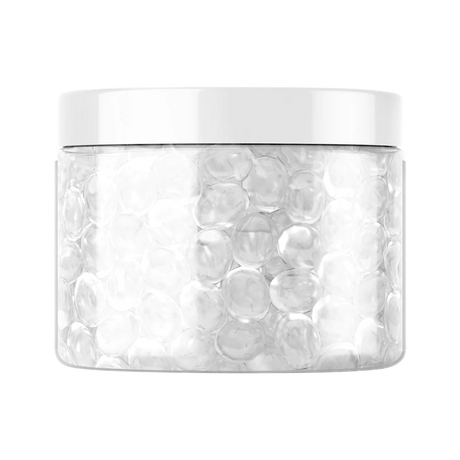Close-up of White Rhino 6mm clear quartz terp balls in a 100pc jar, ideal for dab rig efficiency